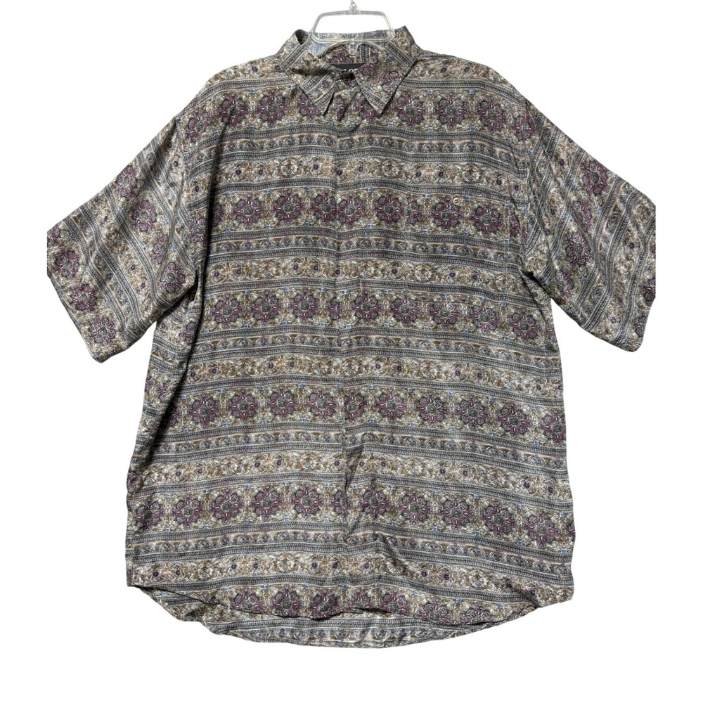 Colore Italia Mens Large 100% Silk Short‎ Sleeve Paisley Button Down Shirt Brown